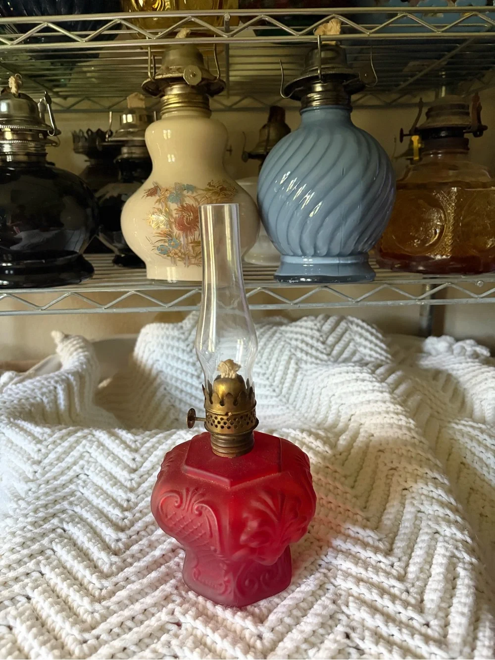 Vintage Red Satin Glass Miniature Oil Lamp with Embossed Scrollwork